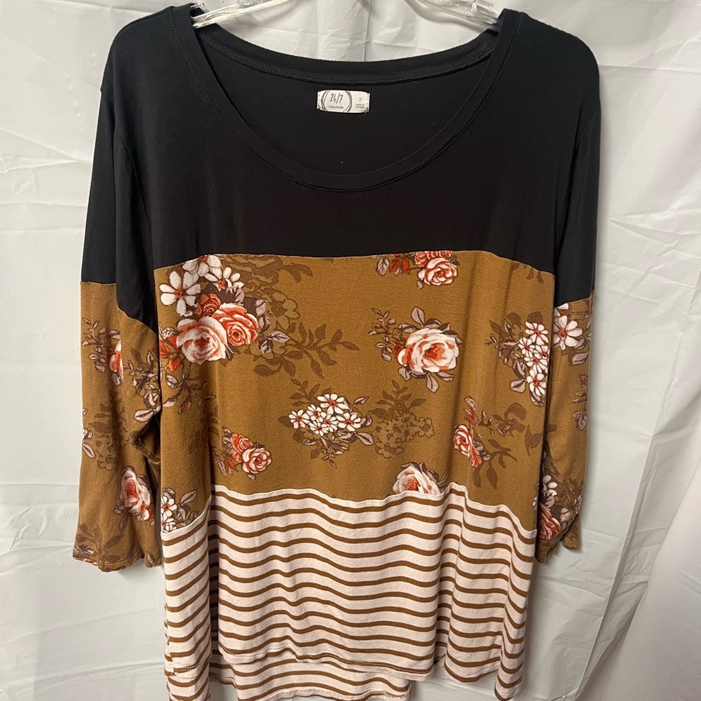 Maurices Floral and Striped Long Sleeve Top - Black and Brown